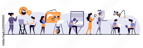 Diverse team collaborating on digital marketing strategy content creation and data analysis in modern flat vector style illustration