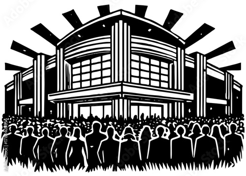 Large event venue vector silhouette illustration featuring a diverse crowd of people gathered outside the entrance