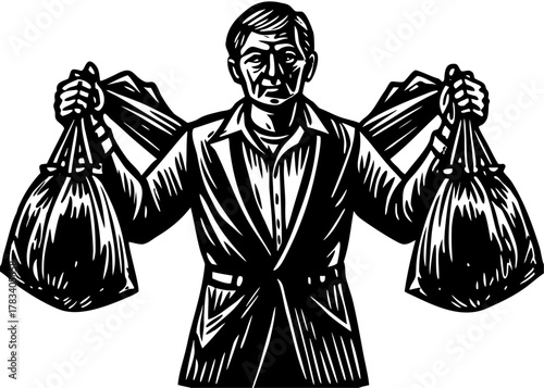 Man carrying two heavy shopping bags vector silhouette woodcut style illustration with a determined expression