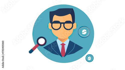 Flat minimalist vector illustration of business auditor analyzing financial data with magnifying glass and coins in blue circle background