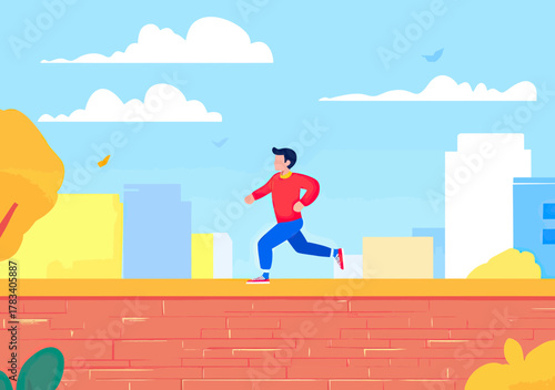 Businessman running on brick wall urban rooftop with cityscape background overcoming obstacle concept flat vector illustration