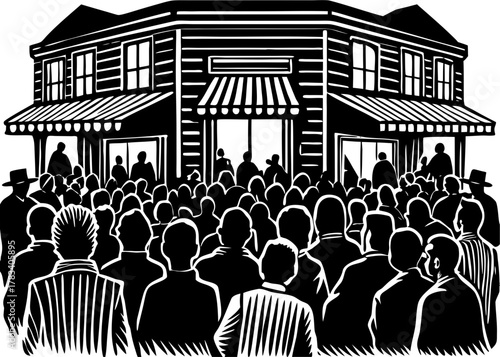 Large crowd of people silhouette vector illustration gathered in front of a commercial building with awnings