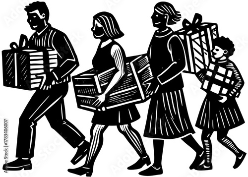 Family carrying wrapped gifts vector silhouette illustration for holiday shopping celebration and gift giving