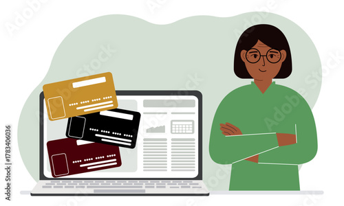 A woman next to a laptop. Concept of online money, banking, loans, mortgages, or deposits.