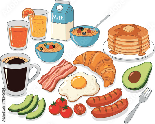 Create A Hand drawn breakfast illustration with coffee, fried egg, croissant, milk, cereal, bacons, sausages, citrus juice, avocado, tomato, pancakes. Healthy tasty food and drinks. Vector flat 