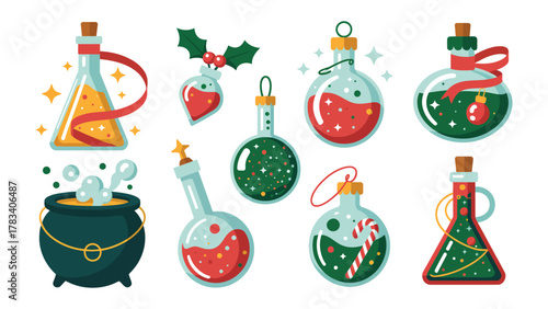 Magical Potion Set: An enchanting set of holiday-themed potion bottles with sparkling details. Featuring bottles with whimsical colors and festive elements.