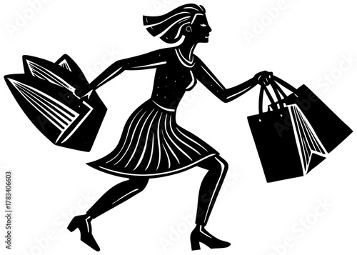 Woman running with shopping bags silhouette vector graphic illustration representing consumerism and retail sales