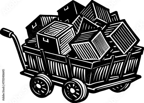 Handcart loaded with numerous stacked cardboard boxes vector silhouette illustration for moving and delivery services
