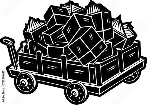 Wooden cart silhouette vector full of cubic boxes and packages ready for transport or delivery of goods and cargo