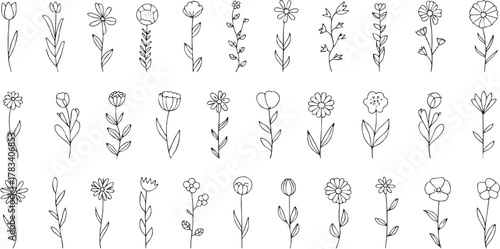 Minimal line art flower icons collection, spring floral outline design.