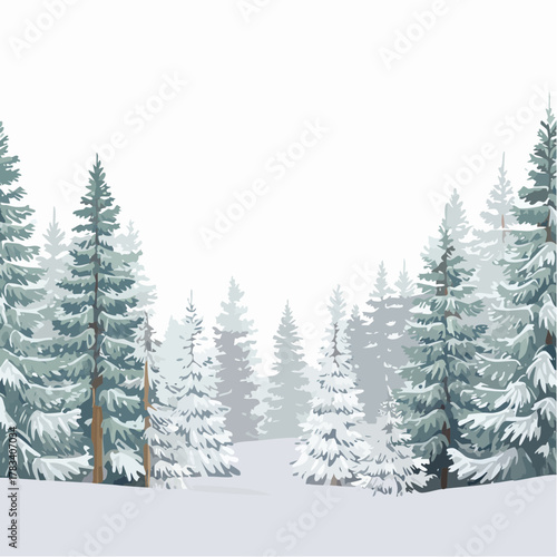 Winter landscape scene featuring evergreen trees covered in snow against white sky