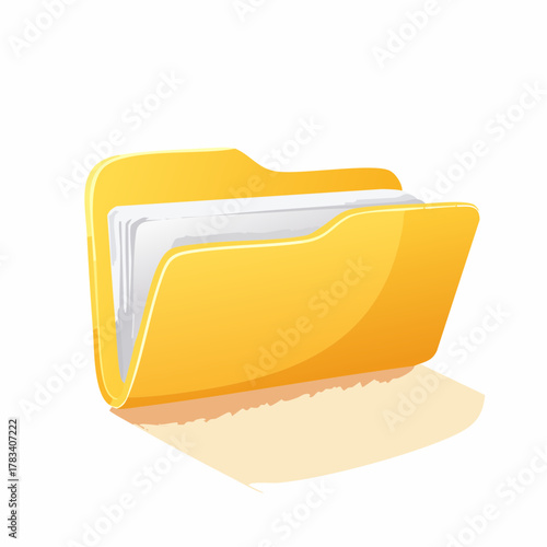 Yellow folder with white pages icon on white background for digital use
