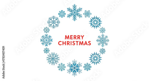 Festive merry christmas greeting with a circular snowflake garland on a white background