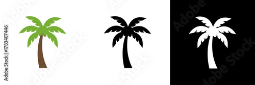 A palm tree icon with green leaves and a brown trunk, shown in black and white variations — symbolizing tropical nature, summer, and relaxation.