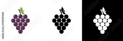 A stylized bunch of purple grapes with a small green leaf, shown in three color variations — representing freshness, fruitfulness, and natural produce.