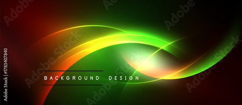 Abstract vibrant background. Green, orange, yellow hues blend smoothly. Text reads background design. Dynamic flowing lines create visual interest.