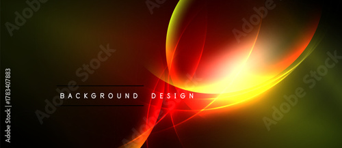 Abstract vibrant design. Red, yellow, orange curves radiate from bright center. Dark background creates dramatic effect. Modern visual element.