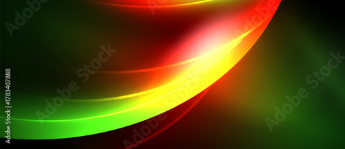 Abstract vibrant waves, green transitions to yellow then red. Dark background emphasizes flowing light curves, dynamic composition.