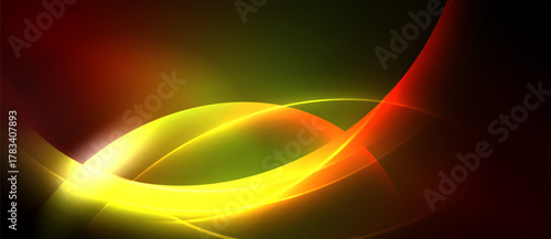 Abstract design features vibrant curves, gradients. Yellow, red, green hues blend creating dynamic visual effect. Smooth shapes suggest movement.