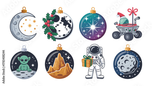 Celestial Ornaments of Holiday Cheer: A collection of uniquely designed ornaments, featuring cosmic themes, including the moon, stars, astronauts, and alien figures.
