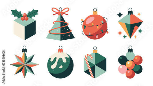 Festive Ornaments of the Season: A colorful collection of stylish and unique Christmas ornaments, embodying the joy and anticipation of the holiday season, with geometric shapes and radiant colors.