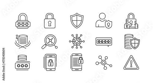 Cybersecurity Icons: A collection of meticulously crafted line icons representing the essence of digital security and data protection, offering a glimpse into the sophisticated world of cybersecurity.