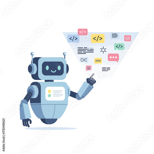 Friendly robot pointing at digital interface with code and chat bubbles, symbolizing AI and communication