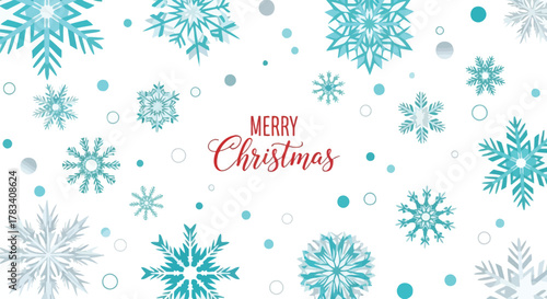 Elegant merry christmas greeting card with a pattern of blue and white snowflakes and festive circles on a clean white background