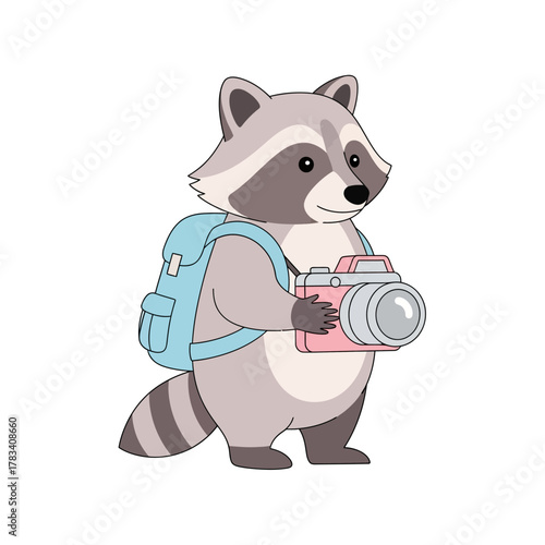 Adorable cartoon raccoon with backpack and camera ready for adventure, capturing memories with a smile