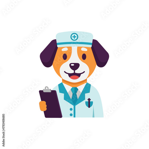 Friendly cartoon dog veterinarian holding clipboard ready to care for pets with a smile and medical uniform
