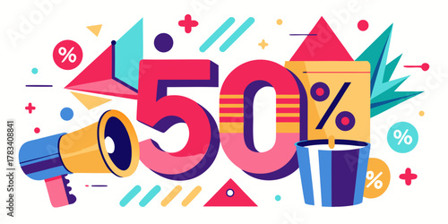 Bold and playful discount banner with megaphone, geometric shapes, and bright retail symbols promoting 50% off in vibrant collage style.
