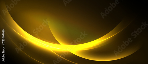 Abstract golden curves flow across dark background. Smooth lines create dynamic, elegant visual effect. Brightness contrasts sharply with shadows.