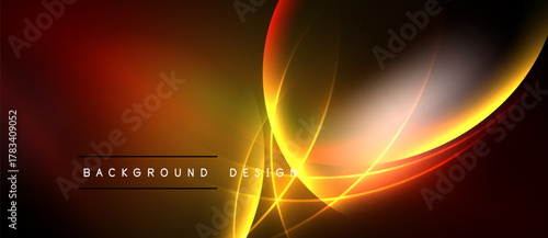 Abstract design features vibrant orange, yellow glows. Smooth curves intersect dark background creating dynamic visual effect. Text reads background design.