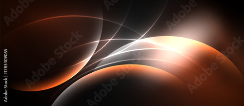 Abstract design features flowing curves, warm colors, bright highlights. Dark background emphasizes dynamic shapes, creating modern aesthetic.