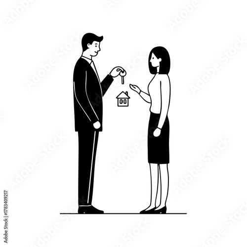 A real estate agent handing over house keys to a new homeowner, symbolizing property purchase, real estate success, and home ownership.