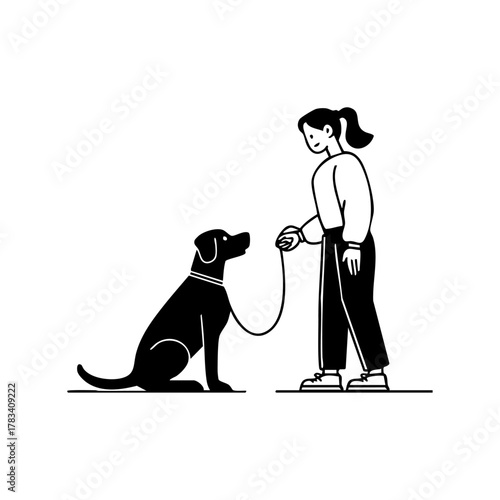 A woman holding a leash while standing in front of a seated dog, representing pet adoption, dog training, or companionship.