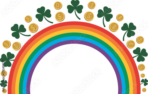 A Festive St Patricks Day Rainbow With Lucky Four Leaf Clovers And Golden Coins Creating A Magical Aura For Your Celebrations