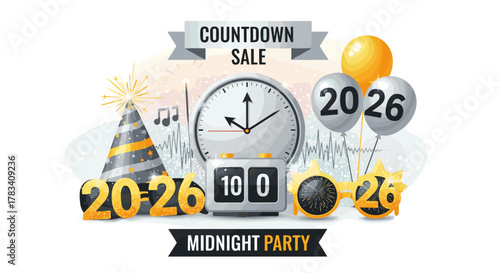 A vibrant vector illustration captures the excitement of a New Year's Eve countdown and festive 2026 midnight celebration, featuring party elements and a sale banner.