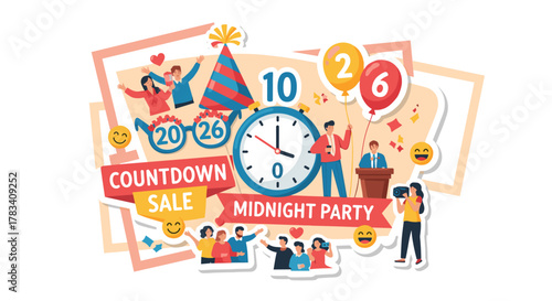 Dynamic vector artwork depicting a joyful new year's eve countdown, featuring happy people celebrating a festive midnight party and special sale.
