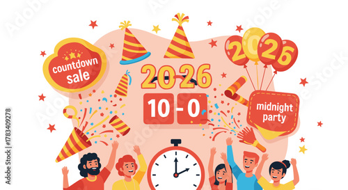 A vibrant illustration captures the excitement of a New Year's Eve 2026 celebration, featuring joyful people, festive hats, confetti, and a countdown.