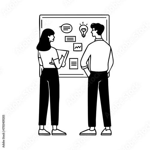 Man and woman reviewing notes on a wall board with ideas and diagrams, representing project planning or creative collaboration.