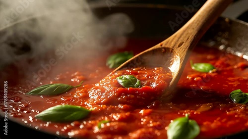 Hot tomato sauce simmering in pan with fresh basil and wooden spoon, authentic homemade cooking concept with warm Italian kitchen flavor