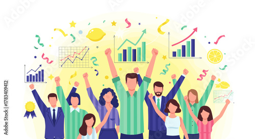 A diverse team of happy business professionals celebrates their collective success and financial growth with arms raised amidst confetti and upward-trending charts.