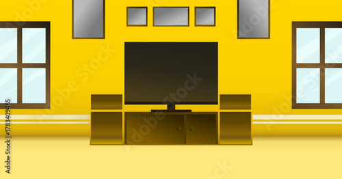 Minimalist yellow living room with a television stand, wall displays, and windows.