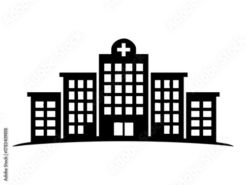 Modern hospital building silhouette icon, black and white, minimal design, healthcare facility, medical cross symbol, suitable for medical and business contexts.