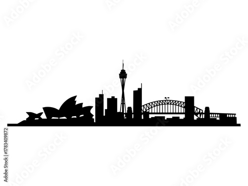 Sydney skyline silhouette iconic landmarks feature famous architecture, modern cityscape, and harbor bridge on a minimal, bold, flat black and white style.