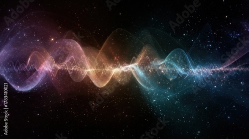 Dynamic wave patterns in cosmic space abstract digital art vibrant colors universe ethereal concept
