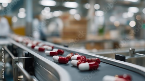 Wallpaper Mural Pharmaceutical pill bottles roll in neat rows along a conveyor belt, representing healthcare access, mass medicine production, medical innovation, and the systems that deliver treatment worldwide. Torontodigital.ca