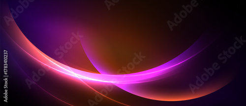 Abstract design features vibrant curves, gradients. Purple, orange hues dominate dark background. Smooth lines create dynamic visual effect.