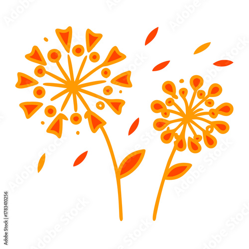 Dandelions with flying seeds, fluffy dandelion flower silhouettes. Spring season blooming blowball flowers doodles vector illustration. Dandelion fluffy nature silhouette See Less icon
